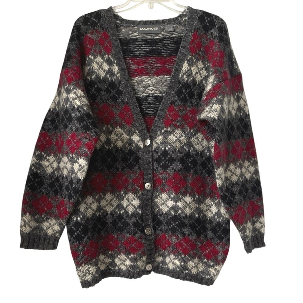 Maurices Argyle Button Cardigan Womens Size M Teacher Preppy Academia Fuzzy